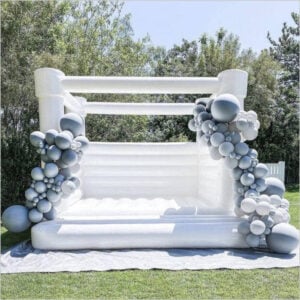 Elegant inflatable bouncy house set up outdoors for a family event with kids playing and enjoying the celebration
