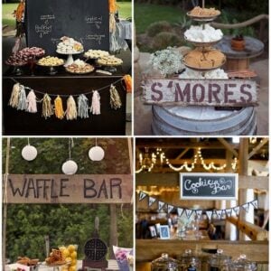 Rustic dessert and snack stations featuring donut, s’mores, waffle, and cookie bars with handcrafted signage.
